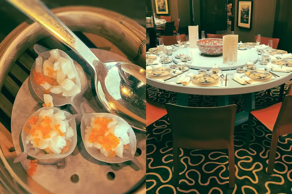 Left: Close-up, top-down angle of three translucent steamed dumplings topped with orange roe inside a bamboo steamer, with a metal spoon resting above, highlighting glossy textures and fine dumpling skins under warm light. Right: Eye-level wide-angle shot of a round banquet table set with porcelain plates, teacups, folded napkins, menus, and a central lazy Susan in an elegant Chinese restaurant dining room with patterned carpet, framed wall art, and evenly spaced chairs.