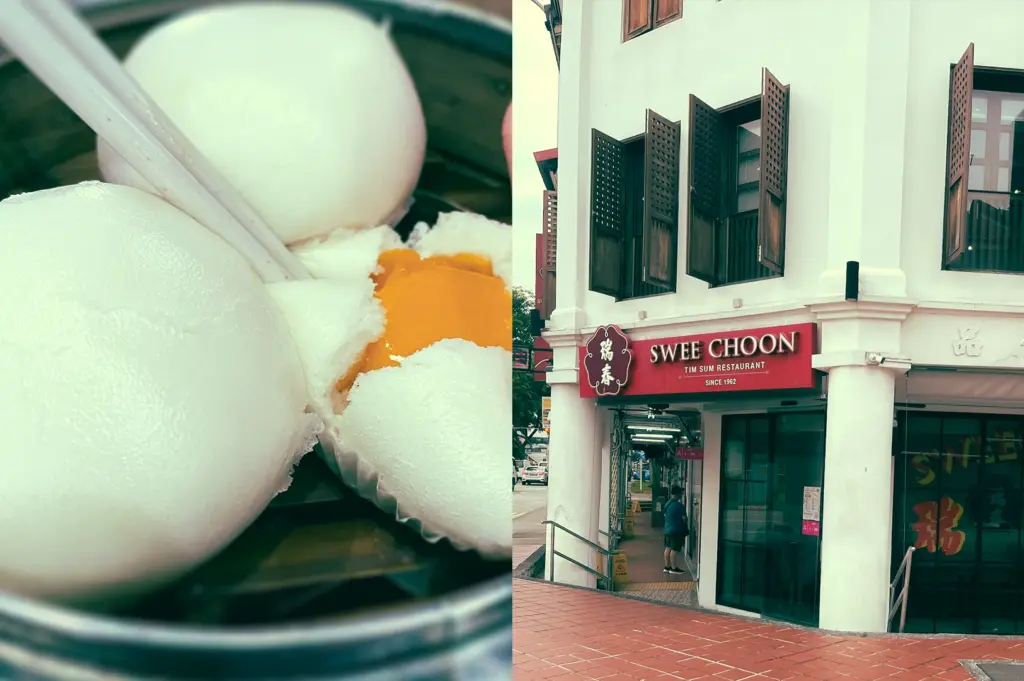 Left: Extreme close-up, top-down shot of white steamed custard buns with one bun split open to reveal a golden custard filling, resting inside a bamboo steamer with visible steam paper and soft lighting emphasizing smooth surfaces. Right: Wide-angle, eye-level exterior shot of a white corner shophouse with wooden window shutters and a red storefront sign reading ‘SWEE CHOON Tim Sum Restaurant,’ showing the entrance, sidewalk, and surrounding urban street setting in daylight.