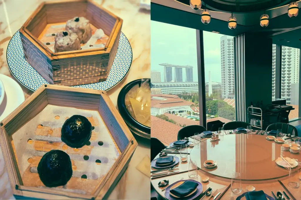 Left: Overhead, top-down shot of bamboo steamers containing assorted dim sum, including pale steamed dumplings and dark green buns, arranged on a marble tabletop with patterned plates and small bowls nearby. Right: Wide-angle, eye-level shot of a private dining room with a large round table set with glassware, plates, folded napkins, and chopsticks, positioned beside floor-to-ceiling windows overlooking a city skyline and rooftops in daylight.