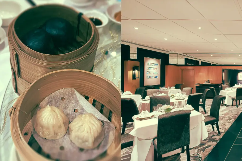 Left: Close-up, slightly elevated shot of bamboo steamers holding steamed dumplings with pleated skins and darker buns stacked above, surrounded by small sauce dishes and tea cups on a white tablecloth under soft indoor lighting. Right: Wide-angle, eye-level interior shot of a contemporary Chinese restaurant dining room with evenly spaced tables, white tablecloths, cushioned chairs, modern wall art, and warm ceiling lights creating a calm, upscale atmosphere.