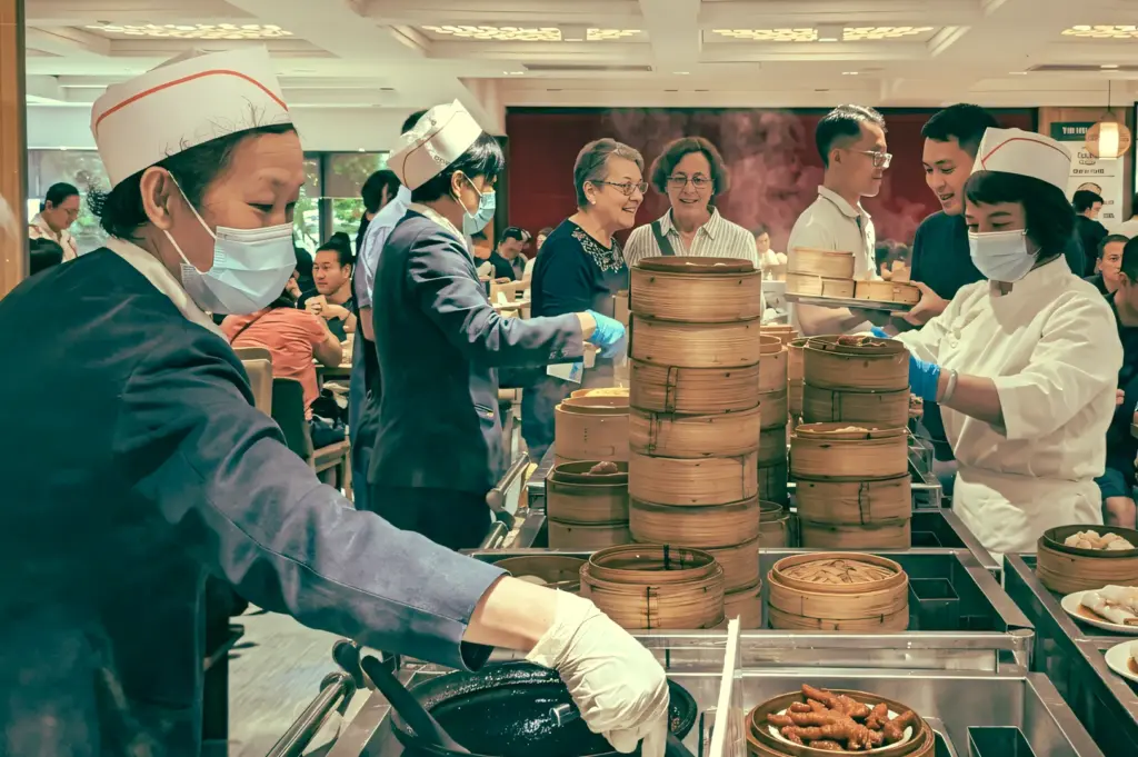 Eye-level wide-angle shot of a busy yum cha restaurant, where restaurant staff serve bamboo steamers filled with dim sum from a central cart while diners gather around the table.