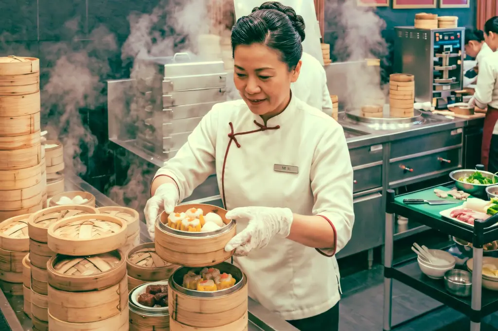 Close-up, slightly overhead shot of a chef in a commercial kitchen placing freshly steamed dim sum into bamboo baskets, surrounded by stacks of steamers and rising steam for an authentic restaurant preparation scene.