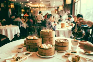 Steaming bamboo baskets of dim sum and freshly poured Chinese tea on a round restaurant table during busy yum cha service, captured in a warm eye-level close-up angle highlighting authentic Cantonese dining experience and social atmosphere.