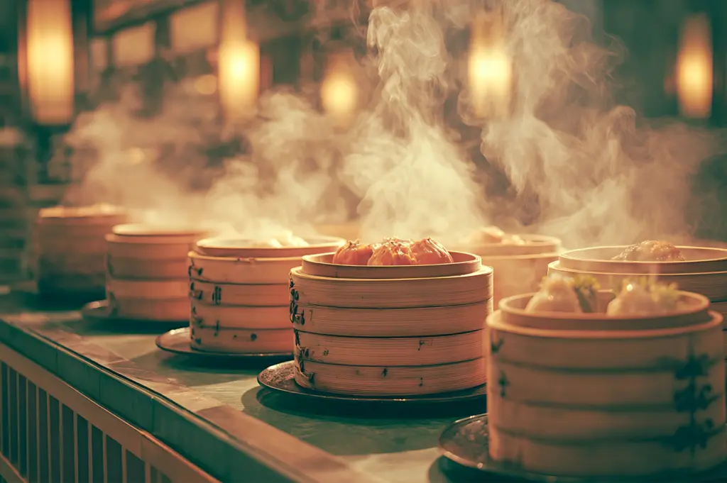 Eye-level close-up shot of steaming bamboo baskets filled with freshly made dim sum dumplings in a busy dim sum restaurant in Singapore, showcasing heat, freshness, and Cantonese kitchen workflow