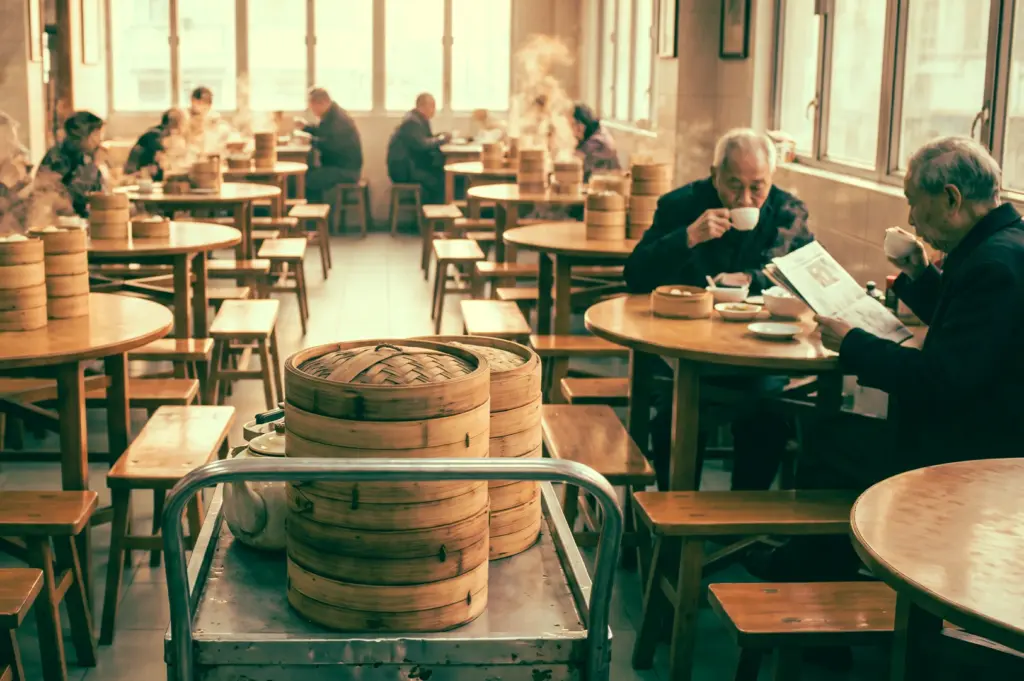 Eye-level wide shot of a traditional dim sum teahouse interior featuring bamboo steamers on a pushcart in the foreground, with patrons seated at round tables enjoying jasmine tea and steamed dumplings in a warm, bustling yum cha morning atmosphere.