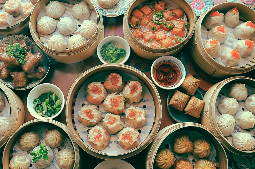 Top-down flat lay shot of assorted dim sum dishes including shrimp dumplings, xiao long bao, and buns arranged in bamboo baskets, highlighting variety in Cantonese cuisine and menu diversity