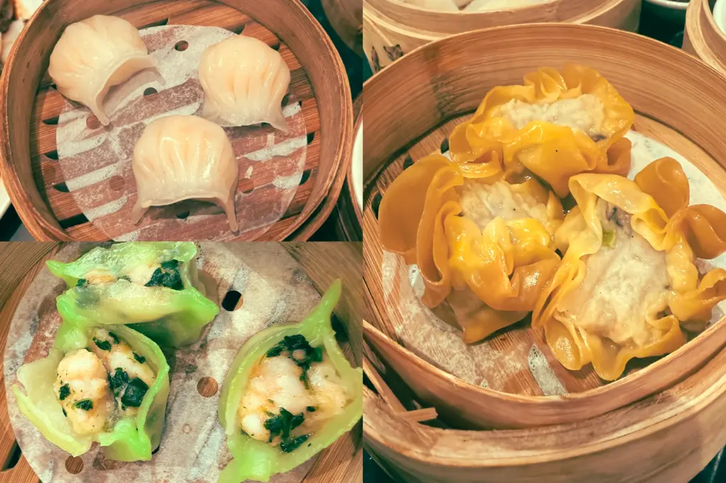 A 3 split image of dim sum at Dim Sum Club Orchard Road featuring steamed siew mai on the left of the image, har gow shrimp dumplings at the upper right, and pan fried shrimp dumpling at the lower right in bamboo steamers.